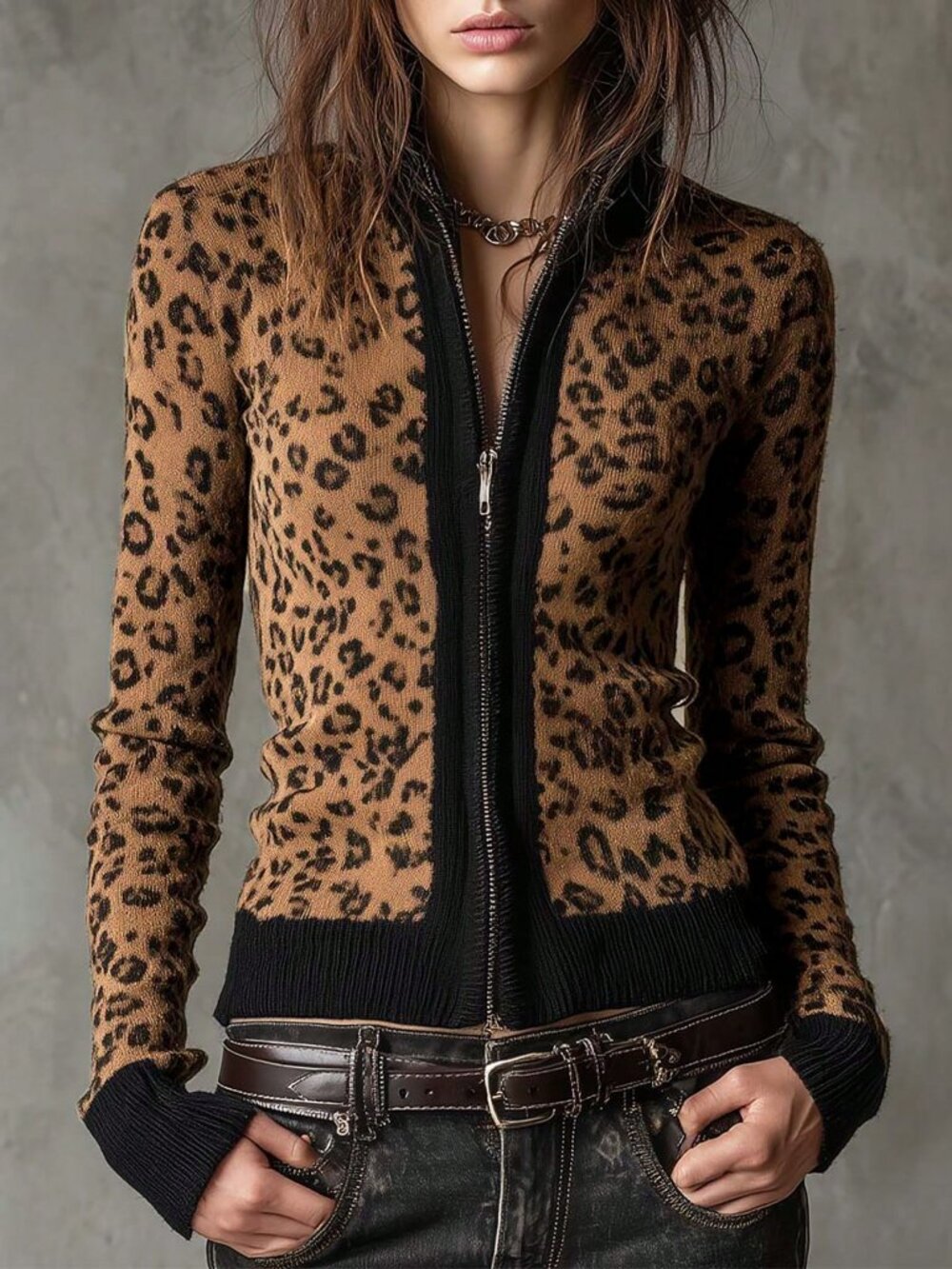 Brown Casual Women's Leopard Print Stand Collar Zipper Long Sleeve Knit Cardigan